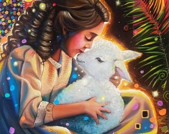 original painting little girl and little lamb modern art picture child room