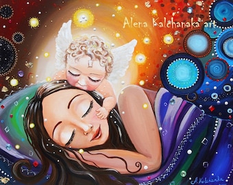 perdita del bambino. angelo dipinto. dono di consolazione. regalo di aborto spontaneo, Arte del bambino della madre e dell&#39;angelo, Illustrazione della madre in lutto . perdita baby angelo arte