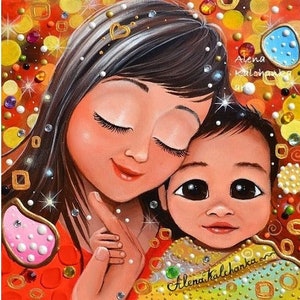 maternity painting, mom with baby decor, oriental child, Room design, Gift for mom, mothers Day, motherhood illustration, be mom fable art