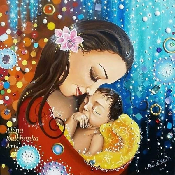 maternity painting , Mom with baby art room decor, baby room design, gift for mom. mothers Day, child birth. mother with son, pregnancy gift