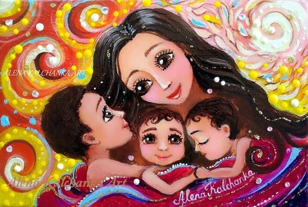 Maternity Painting Mom and Three Children to Be Mom. Gift for Etsy