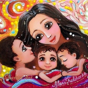maternity painting Mom and three children To be mom. gift for mother. Mother&#39;s Day . numerous family  Gift for mom  family three brothers