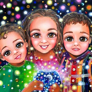 three children, print children&#39;s room, siblings decor gift for mother. Mother&#39;s Day illustration family brothers wall art magical print art