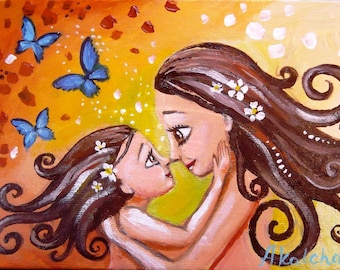 madre e figlia che dipingono. regalo per la mamma. decorazione figlia. stampa maternità. figlia amica della madre, legame tra madre e figlio