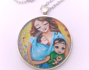 mother and two children necklace. maternity pendant. mother's day gift, birthday. Alena kalchanka Art