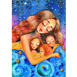 mother with three children family art children&#39;s room decor maternity print Mom and three children gift Mother&#39;s Day Gift for three brothers