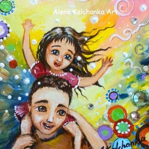 dad with his daughter. little girl on the shoulders . Father&#39;s Day . Alena kalchanka Art .  gift for dad . dad&#39;s daughter . happiness print