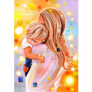 Mor med bebis. Graviditetsmålning. Blond mamma med son. Dotter, blond kvinna med barn, present till nyföddrum för gravida.