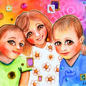 three children watercolor print children&#39;s portrait baby decor gift for mother Mother&#39;s Day illustration family brothers wall art watercolor