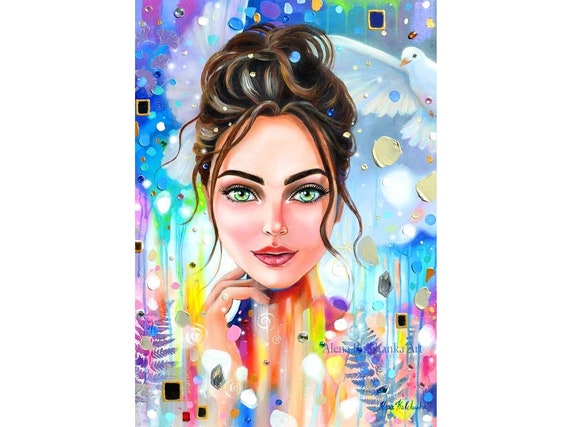 カラフルな女性の絵 女の子のオリジナル絵画、女性のアート、現代の女性のアート、比喩的な