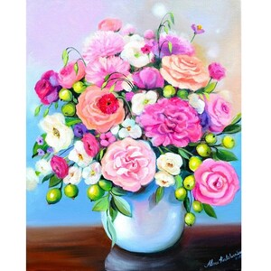 peinture originale, fleurs dans le vase, bouquet de fleurs mur peinture couleurs vives peinture pour un décor femme salon fleurs d’art