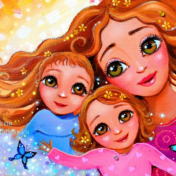 maternity illustration babyroom gift for mom with two children. hair orange, brother and sister decor family, motherhood custom gift art