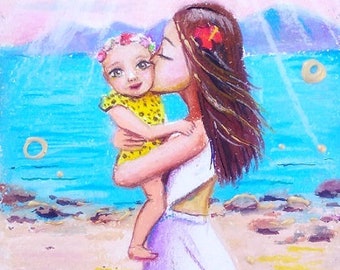 Mutter und Tochter Mare Gemälde Meer Umstandskunst für Mama Tochter und Mama Öl gemalt Pestles Liebe Kunst Kalchanka Alena Kunst für Baby