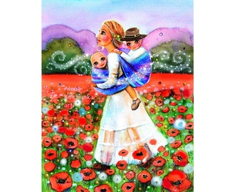 mom and two children on the field of red flowers, poppies, two brothers, being a mother, mother with children gift for mom and sons two kids