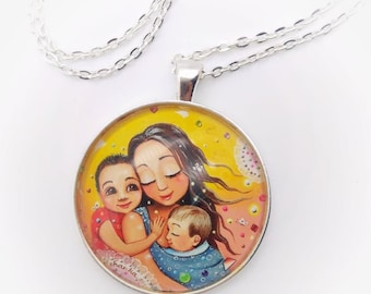 Mother and children necklace, new baby jewelry . mom and two children . brothers gift . necklace for a friend . maternity necklace .