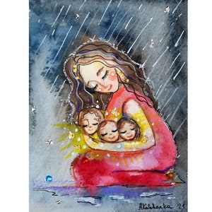 mom with three children, mother repairs children from all temper, gift for wife, art for mothers, three brothers baby room