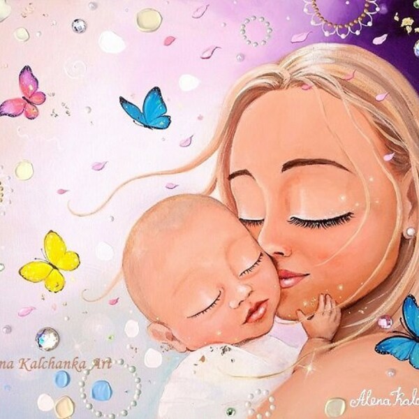 mom with newborn baby, maternity painting, pregnancy art gift, blonde mom with little son, baby room wall art, three painted butterflies art