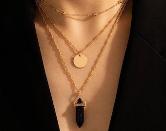 Collier multirang or pendentif chakra pendule pointe pierre noire et disque