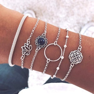 Silver lotus beads circle bracelets lot for women / Set of six boho chic bracelets