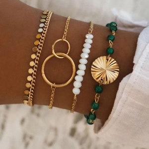 Set of green gold pearl bracelet with tassels / Set of medal pearl hoop bracelets