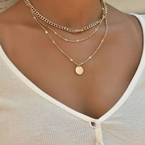 Multi row gold dainty chain necklace, disc pendant boho necklace women, gift for her, handmade jewelry