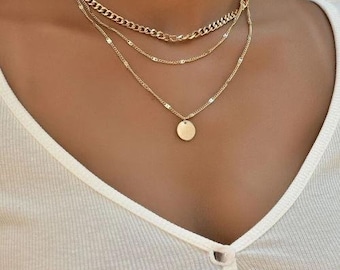 Multi row gold dainty chain necklace, disc pendant boho necklace women, gift for her, handmade jewelry