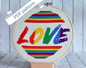 Rainbow love cross stitch pattern, pride art, love is love, pride embroidery, lgbt cross stitch, hand sewn, anniversary gift, lgbtq gifts