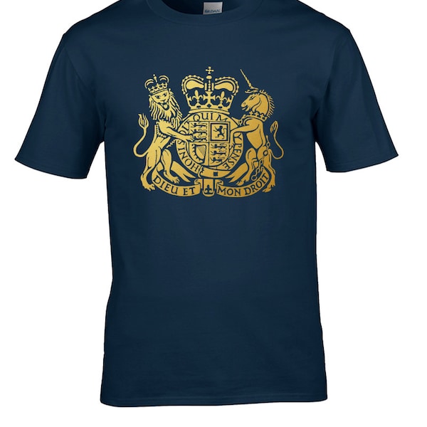 Royal coat of arms of the United Kingdom- Lion, Unicorn & Crown Symbol of the British Monarchy Men's Male Metallic Print Crew Neck T-Shirt