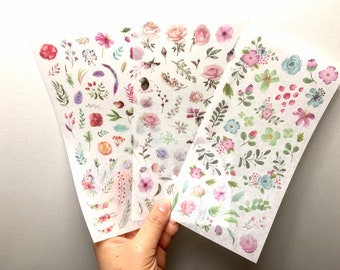 Flowers Leaves Grass Washi Stickers, Flowers Washi Stickers, Grass and Plants Washi Stickers, Set 3 Sheets, Planner Stickers