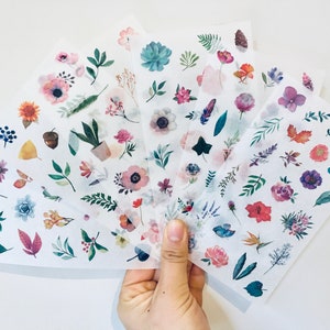 Ensemble de feuilles d'autocollants fleurs et feuilles, autocollants Washi, autocollants pour agenda et journal, autocollants belles fleurs, autocollants de scrapbooking