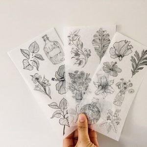 Black and White flowers Leaves Grass Washi Sheets Stickers, grass and plants stickers, botanic natural plants stickers