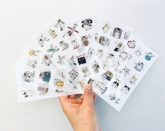 Cute Cat Washi Stickers, Cat with Emotions Stickers, Kawaii Cat Stickers, Adorable Animals Stickers, Set 6 Sheets, Planner Stickers