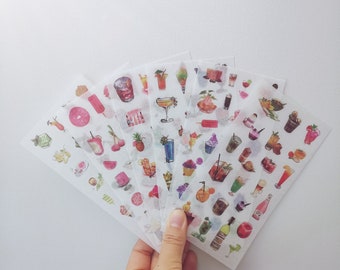Cute Beverage Stickers, Cocktails Stickers, Drinks Stickers Coffee Wine Tea, Desserts Stickers, Alcohol Stickers, Set 6 Sheets