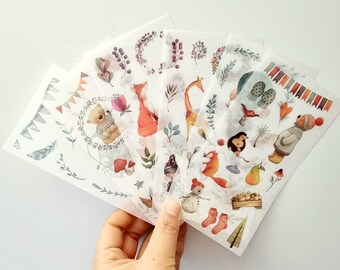 Enchanted Autumn Forest Animals Washi Stickers, Set 6 Sheets, Planner Stickers
