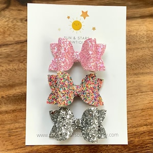 Rainbow Hair Bow Set,Sparkly Pink Bow,Sparkly Silver Bow,Mini Hair Bow Set, Glitter Hair Bows,Gift,Toddler, Stocking Stuffer,Easter Basket