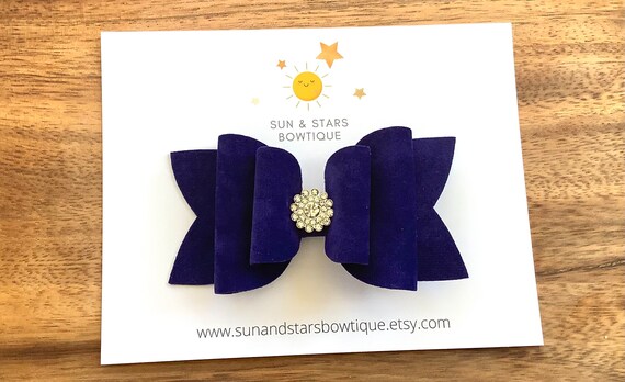 Sapphire, blue velvet, rhinestone, encrusted, hair bow with locking clip Sapphire, blue velvet, rhinestone, encrusted, hair bow with  main image 3