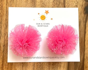 Sparkly Hot Pink Tulle Pigtail Puffs, Pink Tulle Pigtail Bows,Tulle Puff Bows, Glitter Pigtail Bows, Party Pigtail Bows, Gift, Toddler, Girl