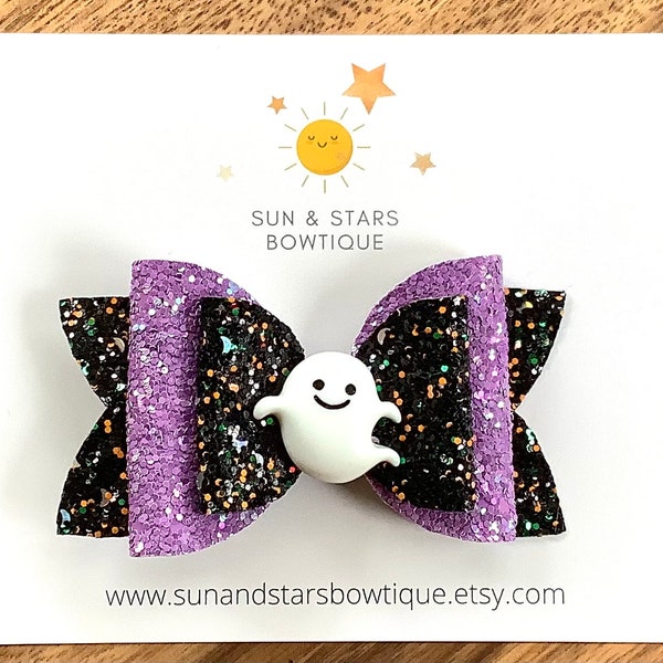 Ghost Hair Bow, Halloween Hair Bow, Halloween Charm Bow, Fall Hair Bow, Black and Purple Hair Bow, Sparkly Halloween Bow, Gift, Toddler,Girl