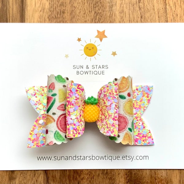 Sparkly Tutti Fruity Hair Bow, Pineapple Charm Hair Bow, Fruit Hair Bow, Summer, Picnic,Tutti Fruity Birthday, Hair Bow,Gift,Toddler,Girl