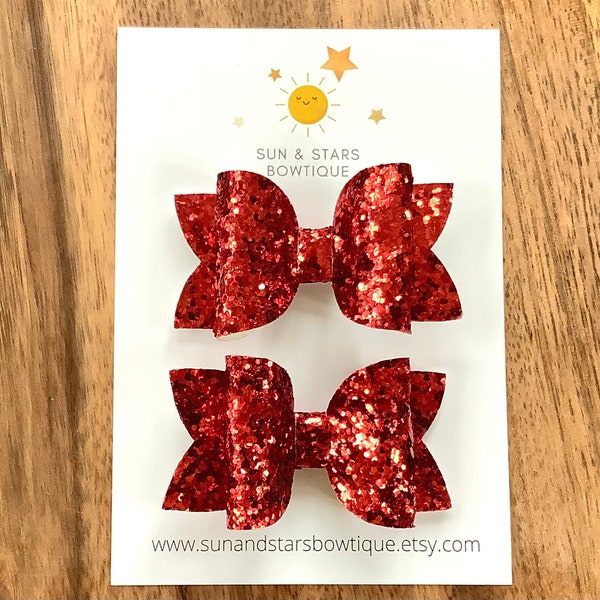 Sparkly Red Pigtail Bows, Holiday Pigtail Bows, Christmas Pigtail Bows, Valentines Day Pigtail Bows, Red Hair Bow,Gift, Toddler, Girl