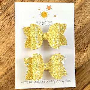 Sparkly Yellow Pigtail Bows, Yellow Glitter Pigtail Bows, Spring Pigtail Bows, Easter Pigtail Bows, Yellow Pigtail Bows, Gift, Toddler, Girl