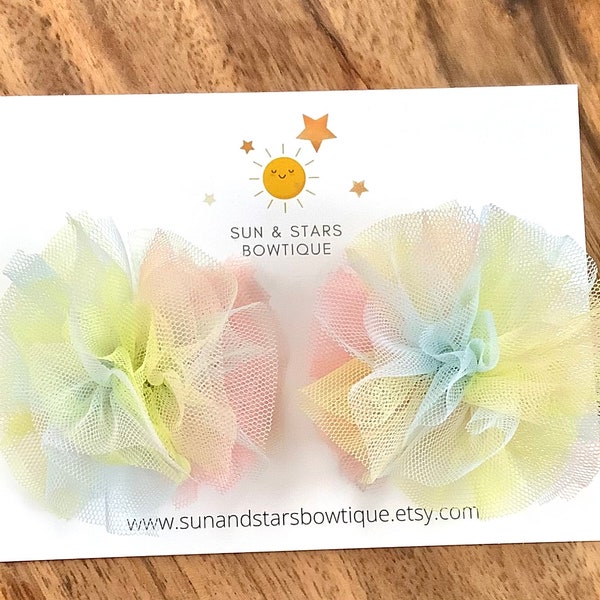 Rainbow Tulle Pigtail Puffs, Tulle Puff Bows, Spring,Easter, Pigtail Bows,Hair Accessories, Birthday Party Pigtail Bows, Gift, Toddler, Girl