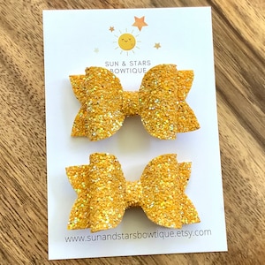 Sparkly Golden Yellow Pigtail Bows, Sunflower Yellow Pigtail Bows, Summer Pigtail Bows, Fall Pigtail Bows, Gift, Toddler, Girl