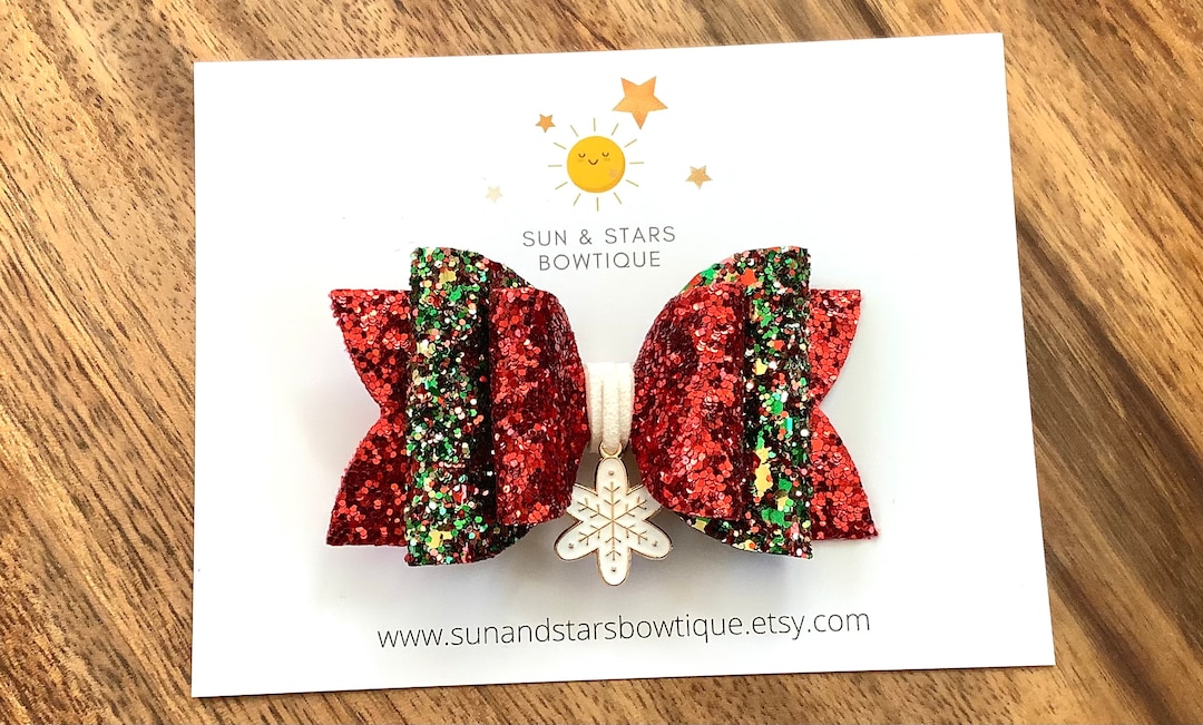 Christmas Hair Bow, Snowflake Hair Bow, Charm Bow, Sparkly Red and