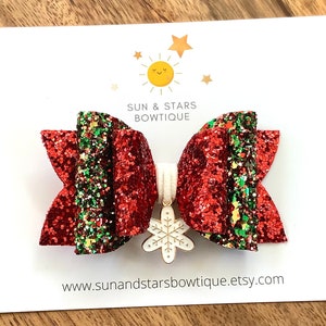 Christmas Hair Bow, Snowflake Hair Bow, Charm Bow, Sparkly Red and Green Hair Bow, Holiday Hair Bow, Gift, Toddler, Girl