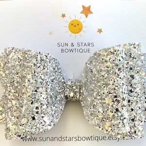 Silver Sparkly Hair Bow, Large Silver Hair Bow, Silver Glitter Hair Bow, Holiday Hair Bow, Christmas Hair Bow,Silver  New Years Eve Hair Bow