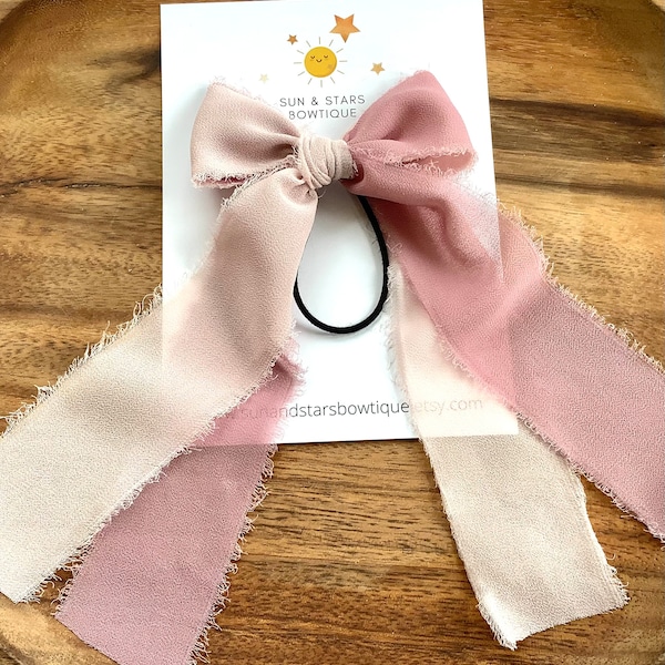 Frayed Ribbon Hair Bow, Pink and Blush Hair Bow,Chiffon Silk Ribbon, Ponytail, Streamer, Long Tail,Hair Accessory,Hair Tie,Gift,Toddler,Girl