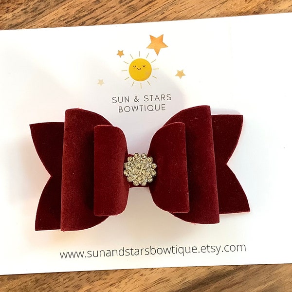 Velvet Burgundy Hair Bow, Burgundy Hair Bow, Gemstone Hair Bow, Holiday,Hair Bow, Thanksgiving, Christmas, Gift, Toddler, Girl