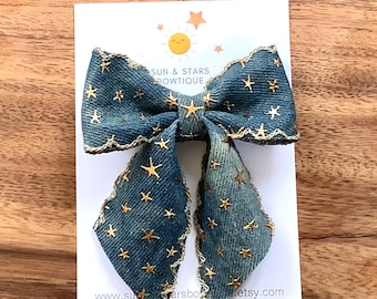 Starry Denim Hair Bow, Cowgirl, Rodeo, 4th of July, Hair Accessory, Hair Bow, Gift, Toddler, Girl