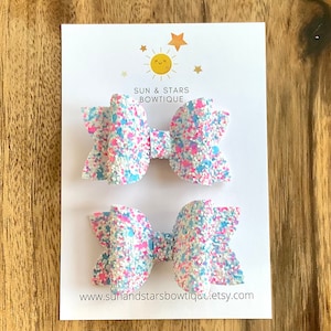 Pink and Blue Pigtail Bows,Confetti Pigtail Bows, Sparkly Pigtail Bows, Summer Pigtail Bows, Birthday Girl Pigtail Bows, Gift, Girl, Toddler